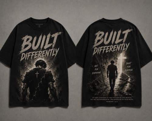 Black t-shirt with 'Built Differently' design on a gray background