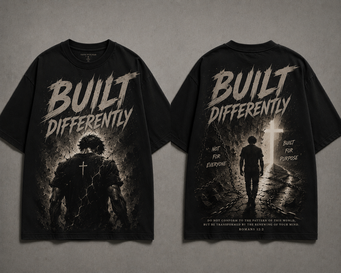 Black t-shirt with 'Built Differently' design on a gray background