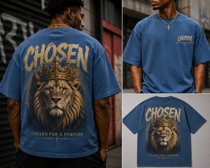 Blue t-shirt with lion graphic and 'Chosen' text worn by a person, displayed from multiple angles.