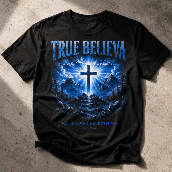 Black t-shirt with 'True Believa' graphic design featuring a cross and mountain landscape on a concrete surface.
