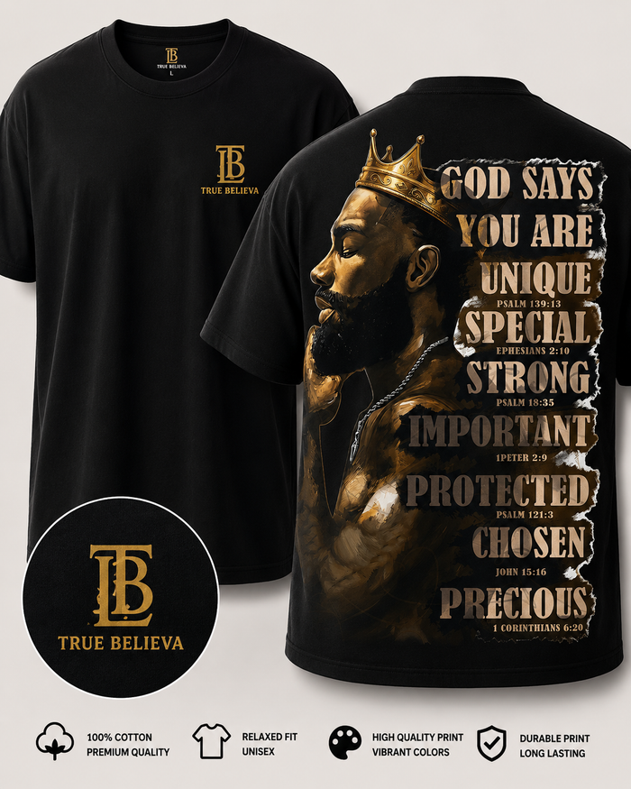 Black t-shirt with a graphic design and 'True Believa' branding on a light gray background.