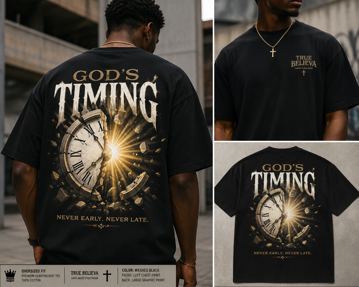 Black t-shirt with 'God's Timing' graphic and text worn by a person, with close-up details.