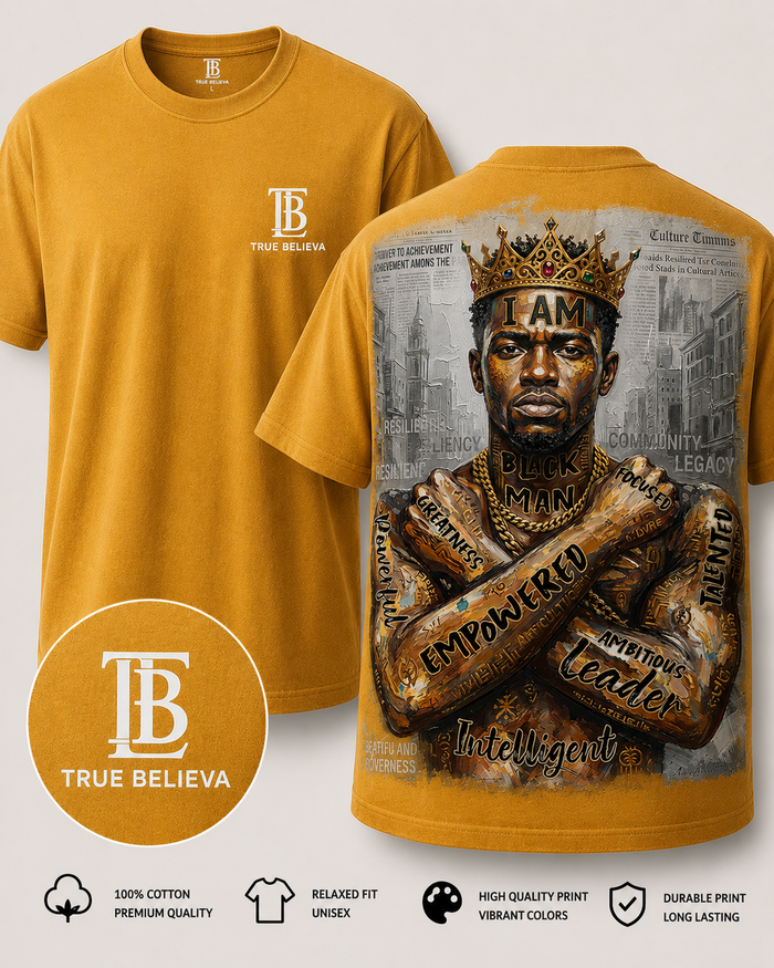 Yellow t-shirt with graphic design and 'True Believa' branding on a white background