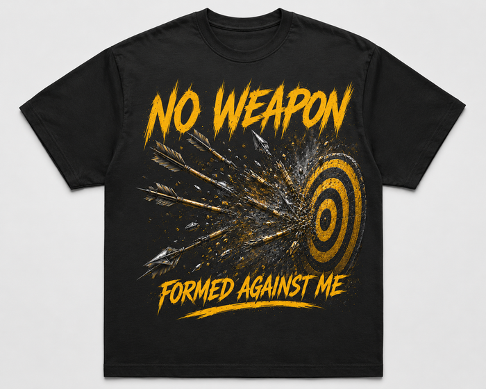 Black t-shirt with yellow text and graphic design on a light gray background