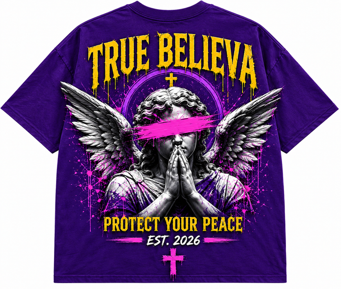 Purple t-shirt with an angel graphic and text on a white background