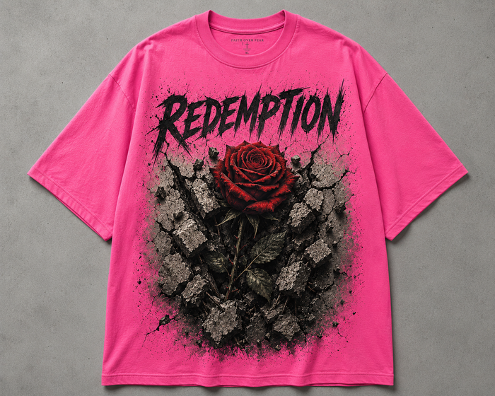 Pink t-shirt with a red rose and 'Redemption' text design on a gray background