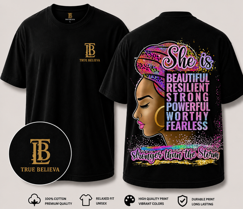 Black t-shirt with 'True Believe' logo and motivational design on a white background