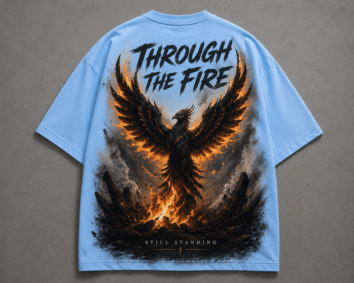 Light blue t-shirt with a phoenix design and 'Through the Fire Still Standing' text on a gray background