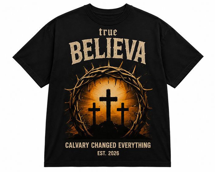Black t-shirt with religious design featuring crosses and a crown of thorns on a white background.