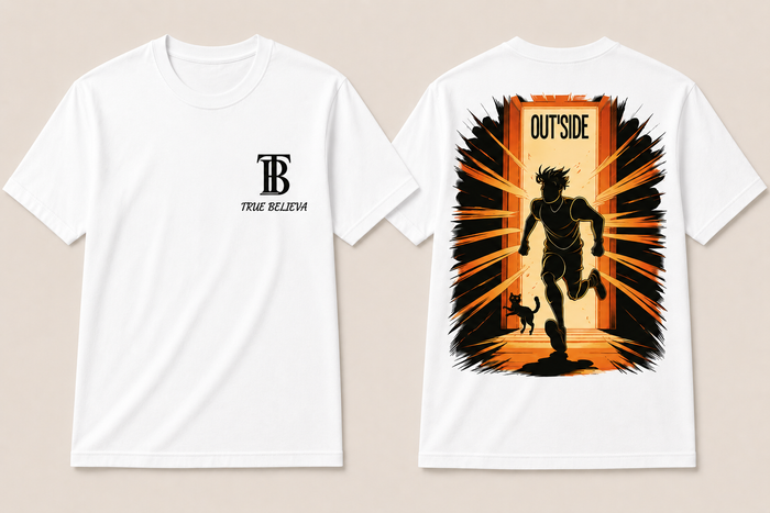 White t-shirt with 'True Believe' logo on front and 'Outside' graphic on back